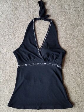 Sexy Black Fitted Halter Rhinestone Embellished Wrap Top from London